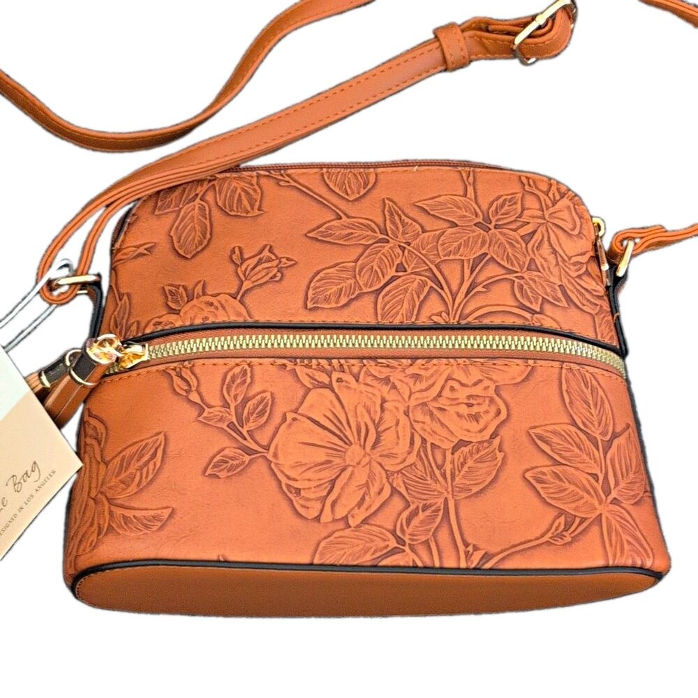 Le Bag Faux Leather Floral Embossed Crossbody Purse Tan Dome Whimsigoth Boho